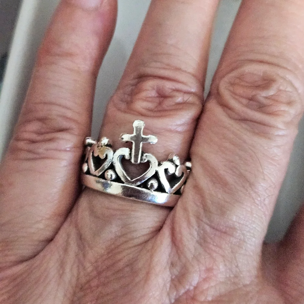CROWN WITH CROSS RING 925 STERLING SILVER SIZE 7 3/4